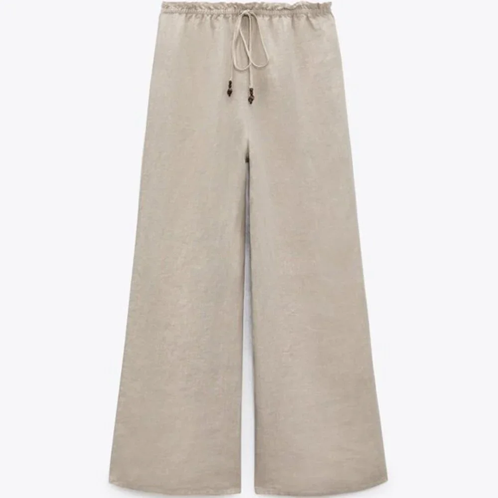 Natural Tan Zara Linen Wide Leg Drawstring Elastic Waist Pants (NWT)